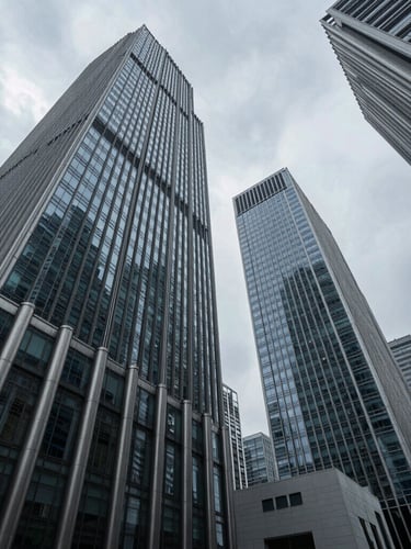 Wide-angle architectural shot of modern steel and glass skyscrapers rising into a cool overcast sky, sharp geometric reflections, professional institutional aesthetic.