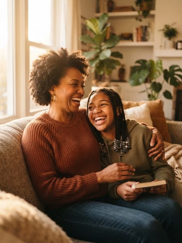A warm portrait of an African American mother and her teenage daughter laughing together in a sunlit living room, soft golden hour light, genuine candid connection, shallow depth of field, warm editorial style.