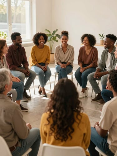 A warm, supportive group circle of diverse parents, with positive representation of African American mothers and fathers, listening intently and laughing together in a bright, modern community room filled with natural daylight.