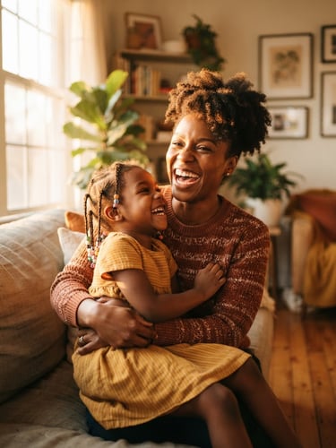 Warm editorial portrait of an African American mother laughing with her young daughter in a sunlit living room, soft golden-hour natural light, shallow depth of field.
