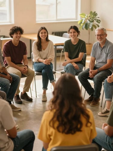 A diverse group of parents sitting in a comfortable circle in a warm, sunlit community center, actively listening and smiling, authentic candid moment.