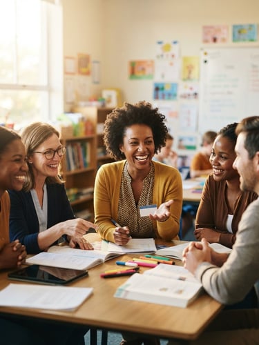 A warm, candid portrait of an African American female educator smiling and collaborating with colleagues in a bright, sunlit school room, shallow depth of field, warm editorial style.