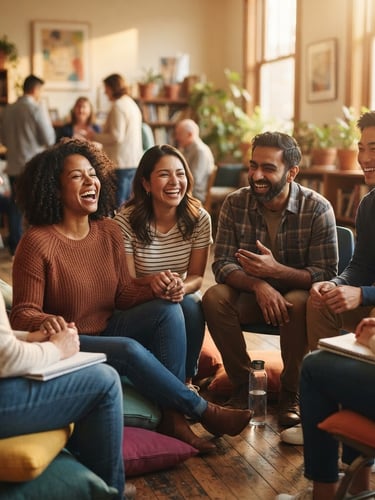 Candid medium shot of a diverse, supportive parent group circle laughing together in a warm, sunlit community room, rich saturated skin tones, soft golden-hour natural light, shallow depth of field, authentic moments.