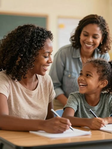 Warm candid photo of an African American mother and her young daughter laughing together at a school desk, with a female teacher smiling in the background, soft golden light.
