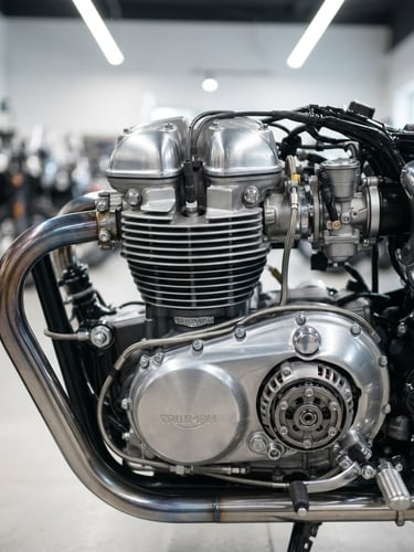 Detailed close-up of a clean motorcycle engine, bright showroom lighting, sharp details, realistic metallic textures, eye-level perspective.