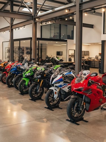 Polished motorcycles lined up neatly inside a bright, modern industrial showroom with concrete floors and steel beams, warm overhead spotlights, eye-level perspective