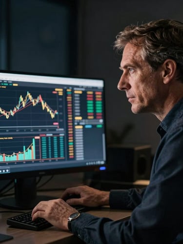 Moody editorial portrait of a financial mentor analyzing real-time charts on a dark terminal screen, low-key dramatic lighting, subtle champagne gold glow, crisp focus.