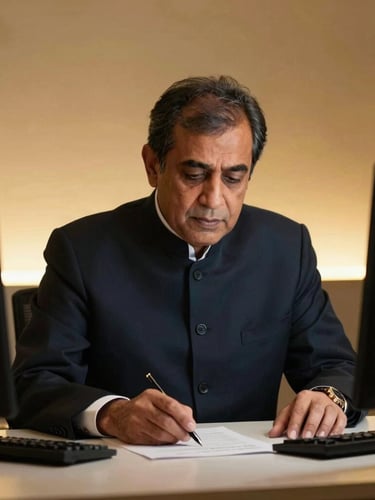 Low-key dramatic portrait of founder Syed Ghouse MohiUddin in deep concentration at a clean trading desk, warm gold ambient glow, sharp focus, 35mm.