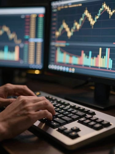 Macro close-up of a trader's hands typing on a sleek mechanical keyboard, multiple glowing monitors showing sharp candlestick charts in the background, moody low-key lighting with gold accents, 35mm.