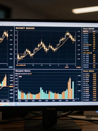 Moody editorial photography of a professional trading terminal displaying clean candlestick charts, low-key dramatic lighting, deep navy tones, crisp focus, 35mm.