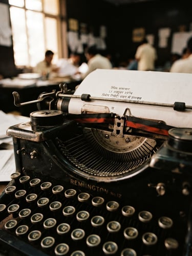 A close-up documentary shot of a vintage typewriter with Hindi script paper, high contrast, warm natural light, authentic newsroom atmosphere, 35mm lens.