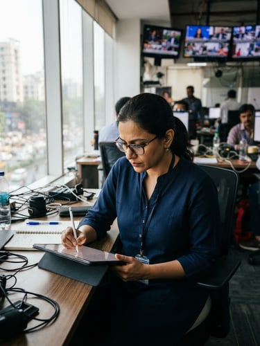 A professional Indian journalist in a modern newsroom writing on a tablet, natural daylight from a window, high contrast, documentary style