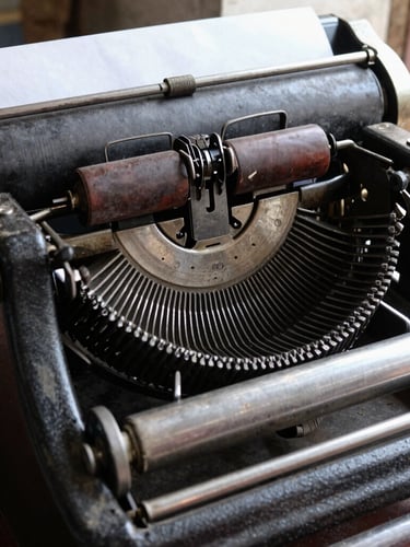 A close-up of a vintage printing press in India, ink on metal rollers, natural daylight, rich documentary tones, highly detailed