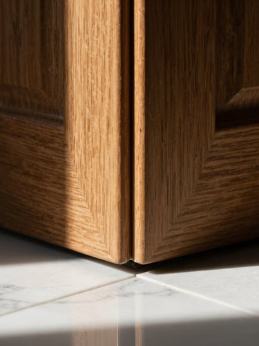 Macro architectural photograph of a sharp walnut panel joint meeting white marble, dramatic side-lighting, precise shadow lines.