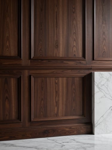 Wide panoramic shot of deep walnut paneling meeting white marble, sharp chiaroscuro lighting emphasizing material weight and structural permanence.