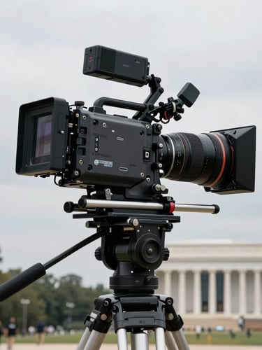 A heavy-duty cinema camera rig set up on a professional tripod, overlooking the National Mall under an overcast sky.