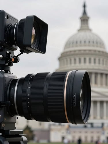 Extreme close-up of a high-end cinema camera lens on location in Washington D.C., soft focus on the U.S. Capitol dome in the distant background, dramatic overcast afternoon lighting, technical precision