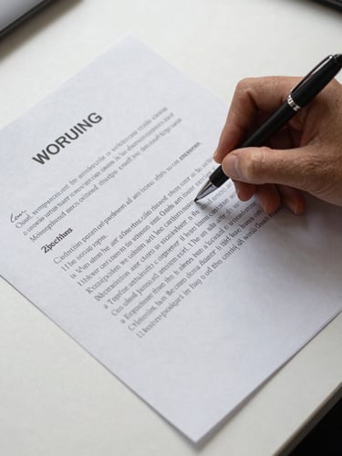 Overhead study shot of signed contract pages laid out on a white desk, a hand pointing to a specific clause with an ink pen, studio overhead lighting, fine grain of paper texture visible, no faces