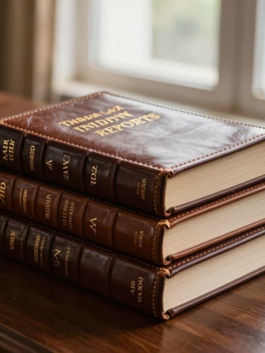 Close-up of leather-bound Indian law reports stacked on a dark wooden desk, natural morning light filtering through a window, Gurugram court style.