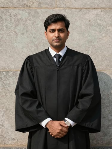 A high-contrast, professional portrait of Advocate Vishvander Yadav in black lawyer robes, standing confidently against a structured stone wall of the Gurugram District Court, natural daylight.