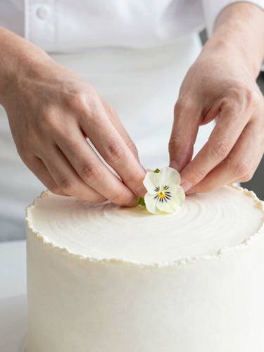 Close-up of chef hands precisely placing a delicate edible flower onto a minimalist white frosted cake, clean and bright editorial style.