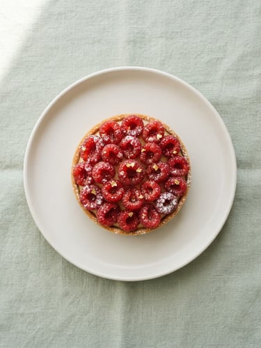 Overhead flat-lay of a single geometric raspberry tart on a minimalist white ceramic plate, soft morning daylight casting gentle shadows on a light sage surface.