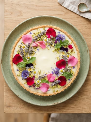 Overhead flat-lay of a perfectly structured white chocolate and botanical tart with edible flowers, natural morning light, sage green ceramic plate