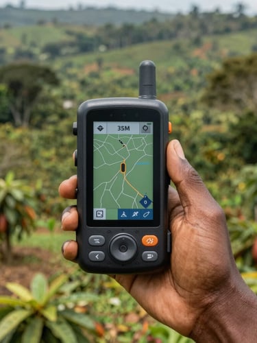 Close-up of a hand holding a high-precision GPS mapping device in a lush Nigerian cocoa farm, natural equatorial daylight, 35mm documentary style