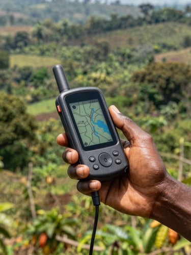 Close-up of hands holding a rugged digital GPS mapping device in a lush West African cocoa field, bright natural equatorial daylight, sharp focus, 35mm documentary photography