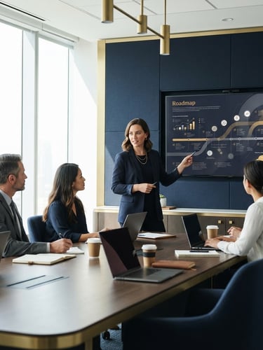 Modern corporate boardroom with a large display showing a strategic roadmap, focused professionals in deep focus, bright natural daylight, deep navy and warm gold accents, clean minimalist composition, 35mm lens.