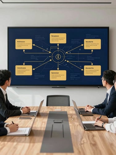 Modern corporate boardroom with a large screen displaying a complex strategic roadmap, focused professionals in deep focus, bright natural daylight.