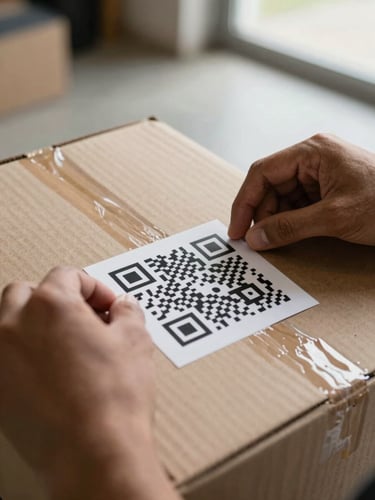 A close-up shot of hands sticking a printed high-contrast QR code label onto a textured cardboard moving box in natural garage light.