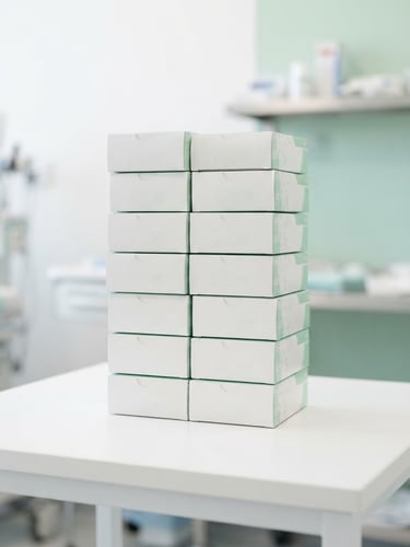Bright high-key product photography of neatly stacked medical gauze boxes on a clean white table, sterile environment, crisp studio light, sharp focus, 50mm