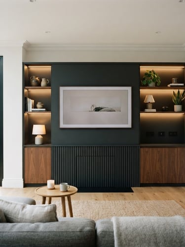 Straight-on architectural shot of a modern UK home interior, warm accent lighting illuminating a newly completed media wall and flush-mount electrical fixtures, 35mm