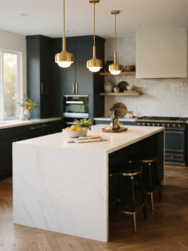 Pristine high-end kitchen renovation, warm architectural lighting on quartz island, gold accents, deep charcoal cabinets, 35mm photograph