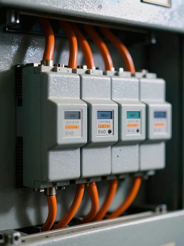 Close-up of industrial electrical panel with orange wiring, high-contrast dramatic lighting, metallic reflections, macro lens
