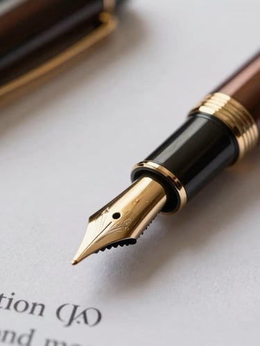 Macro close-up of a premium gold-trimmed fountain pen resting on official legal documents, dramatic architectural side-lighting, deep bronze and charcoal tones, prestigious atmosphere.