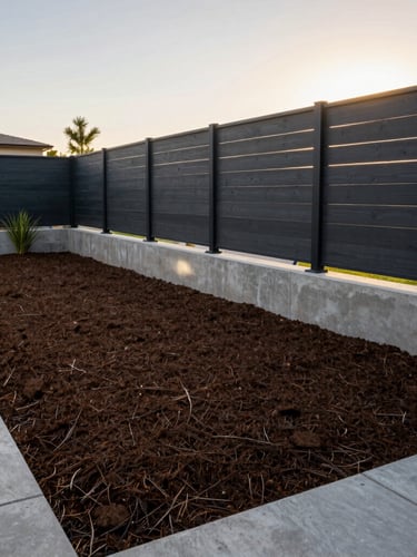 A wide environmental shot of a completed high-end residential backyard renovation in Escondido, featuring perfectly leveled clean sod, a modern charcoal wooden fence, and concrete retaining walls, captured in late-afternoon California golden hour sun.