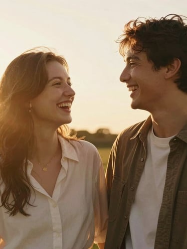 Cinematic portrait of a young couple laughing, warm golden hour sunlight drenching the scene, soft focus, natural sun flare, outdoor field setting.