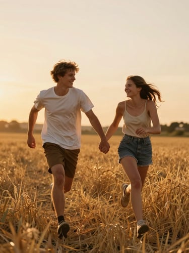 Plano cinematográfico de una pareja joven corriendo de la mano por un campo dorado durante el atardecer, risas espontáneas, destellos de luz solar cálida, desenfoque de movimiento suave.