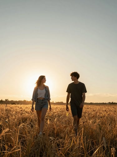 Cinematic wide shot of a young couple walking through a golden wild grass field at sunset, warm backlighting, sun flare, natural movement, no posing.