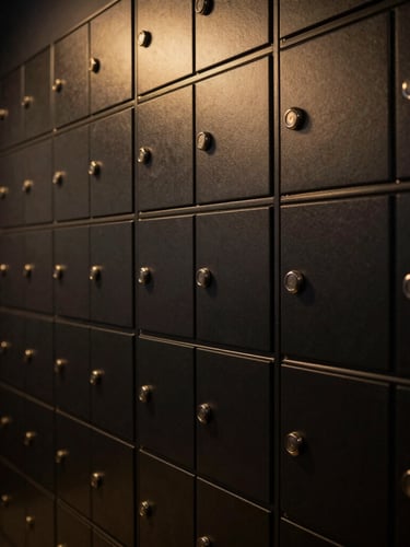 A secure private vault interior with sleek matte black safe deposit boxes, subtle warm gold lighting accents, architectural perspective