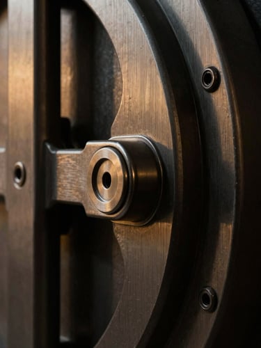 Extreme close-up of a heavy brushed-steel vault locking mechanism, dramatic side-lighting, deep shadows, matte obsidian tones, high-contrast architectural detail
