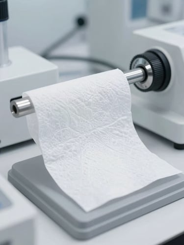 Close-up, slightly angled shot of a paper hygiene product being tested for tensile strength in a laboratory setting, with precise instruments, bright clinical studio light, cool white tones.