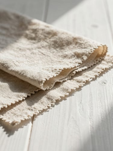 Tight macro shot of natural linen fabric swatches arranged on a white oak table, soft morning daylight casting long gentle shadows.