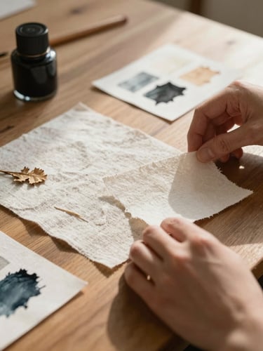 A close-up shot of hands arranging textured linen paper swatches and dried ink samples on a sunlit wooden table, soft shadows.