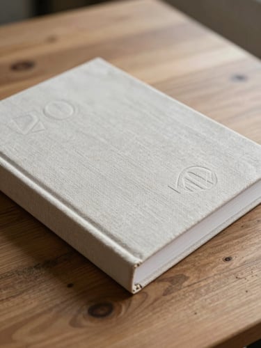 A portrait-oriented close-up of a linen-bound brand book with custom blind embossing on the cover, resting on a raw wooden table in soft, diffused morning light.