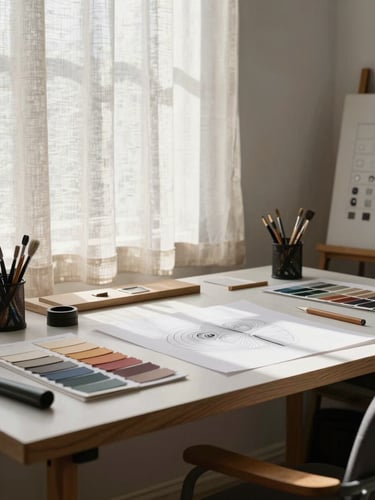 Quiet corner of a design studio with natural light filtering through linen curtains, a white oak drafting table holding paper swatches and drawing tools.