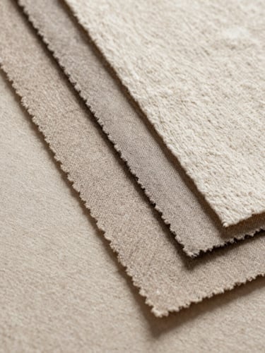 Macro shot of heavy, textured cotton paper swatches in soft linen beige and gentle taupe, diffused side-lighting, elegant editorial composition.