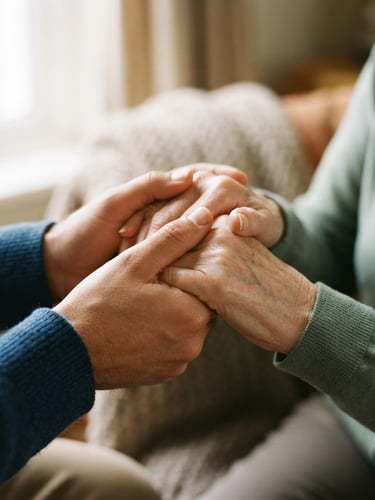 A close-up of a carer's hands warmly holding an elderly client's hands, soft natural window light, comforting deep blue and sage tones, shallow depth of field, 35mm